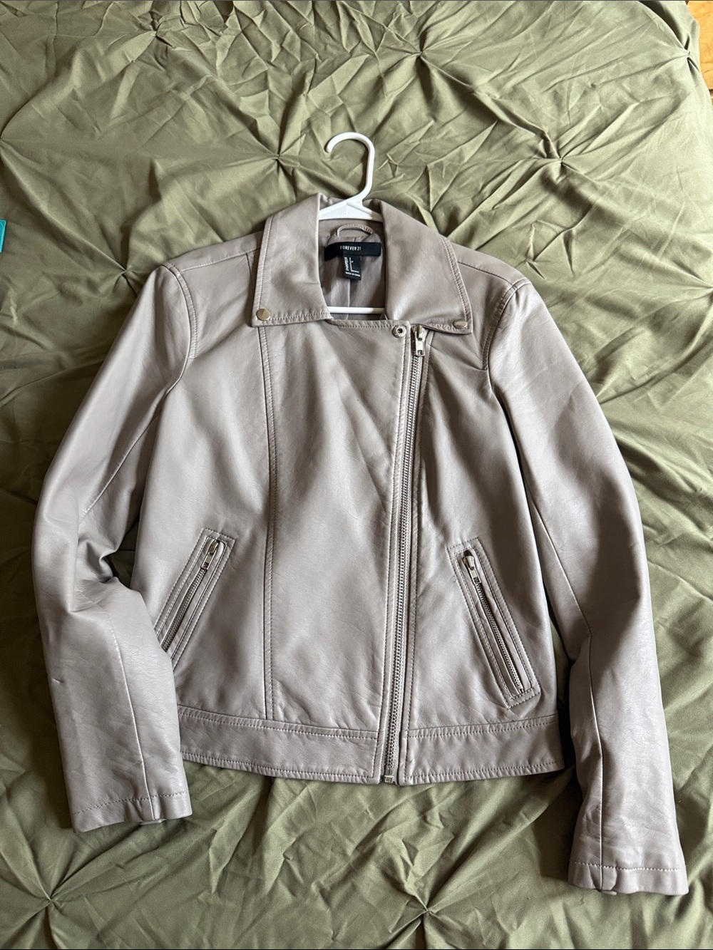 Forever 21 Light Taupe Leather Asymmetrical Zip Jacket